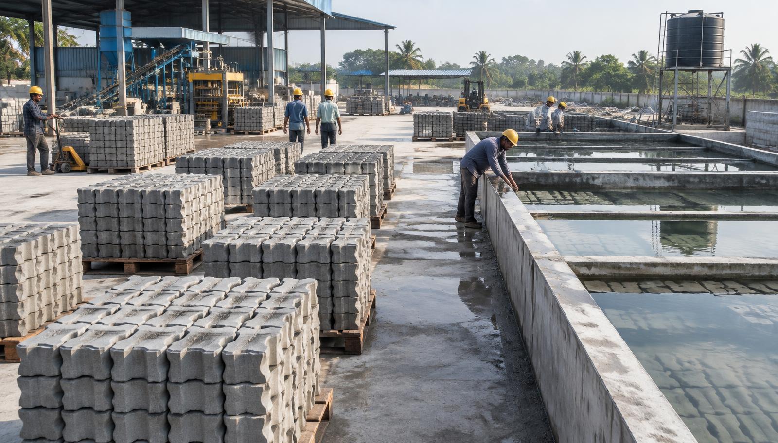 Paver blocks stacked on pallets beside curing tanks at the factory