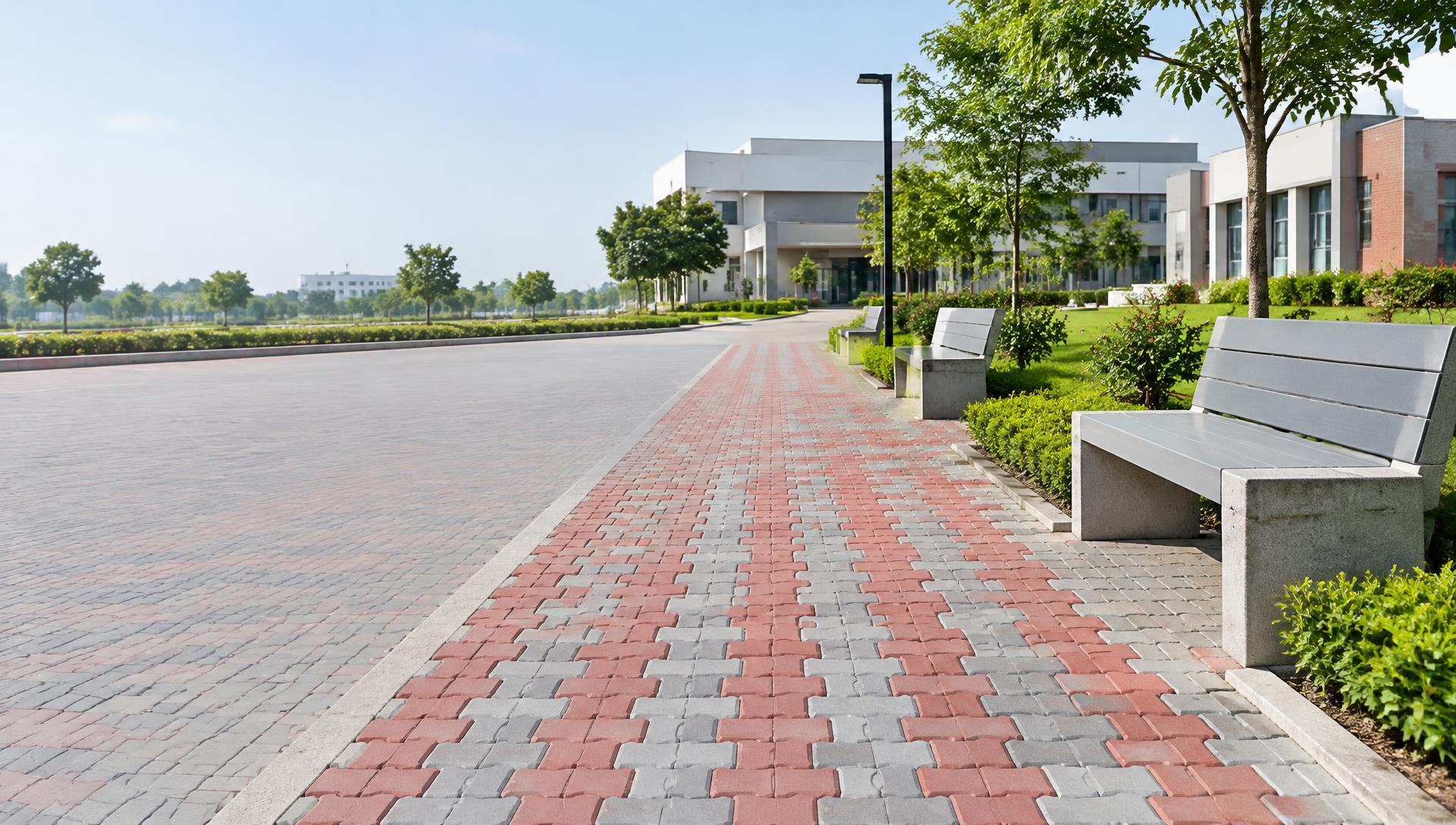 Red and grey paver walkway with concrete park benches