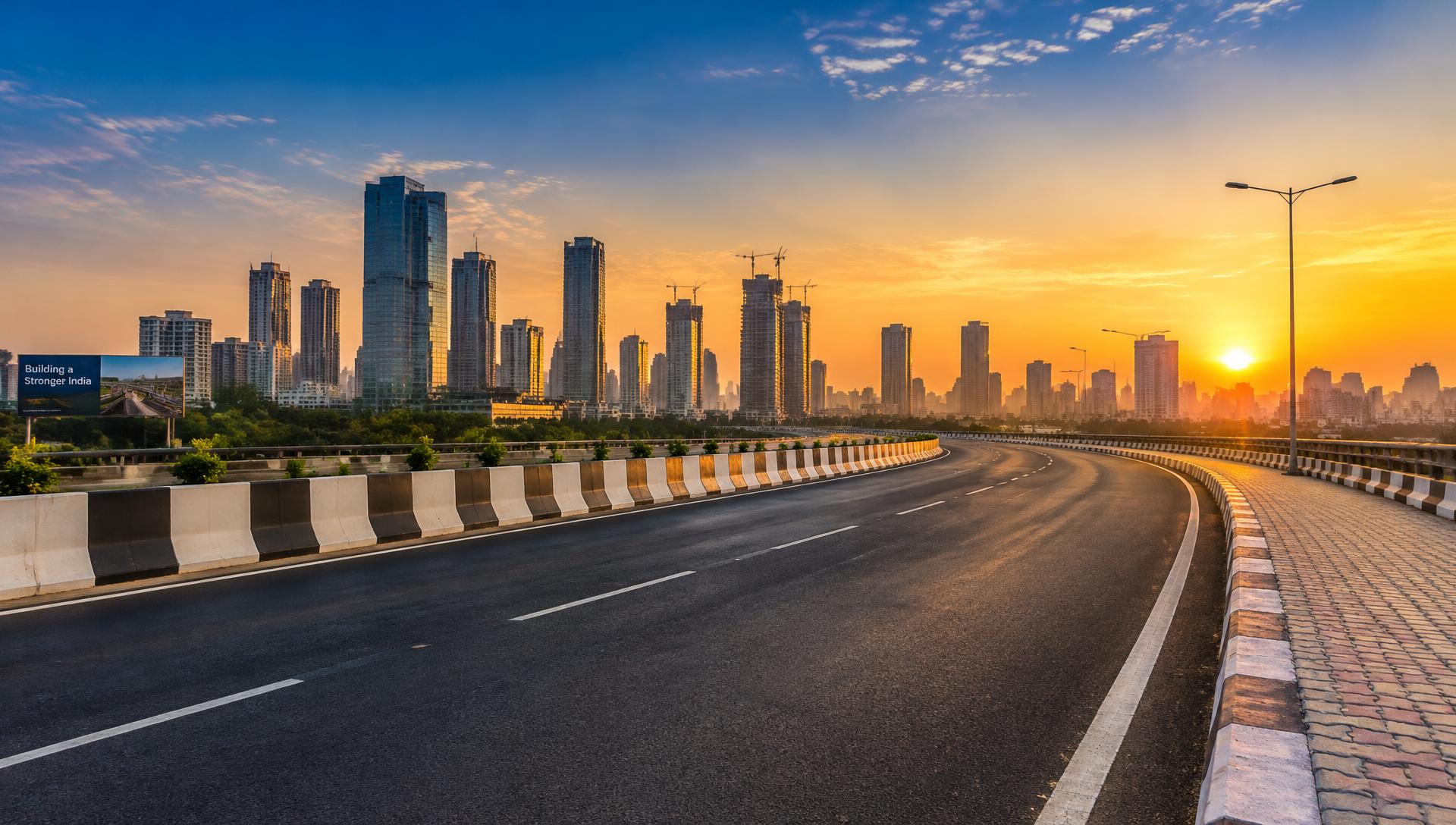 City skyline and highway with concrete road dividers